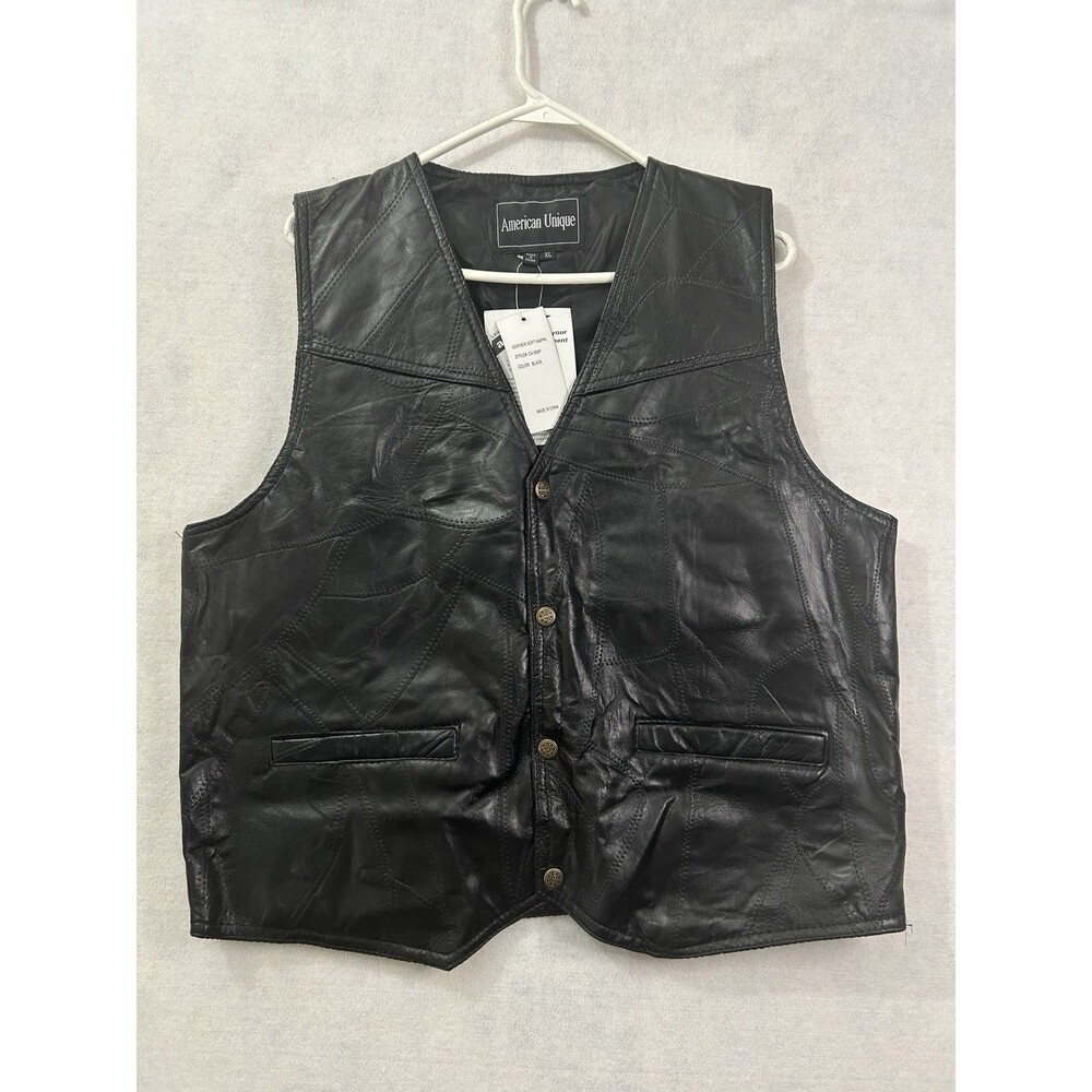 American Unique Black Patchwork Leather Vest Mens XL NWT Biker Motorcycle Snap